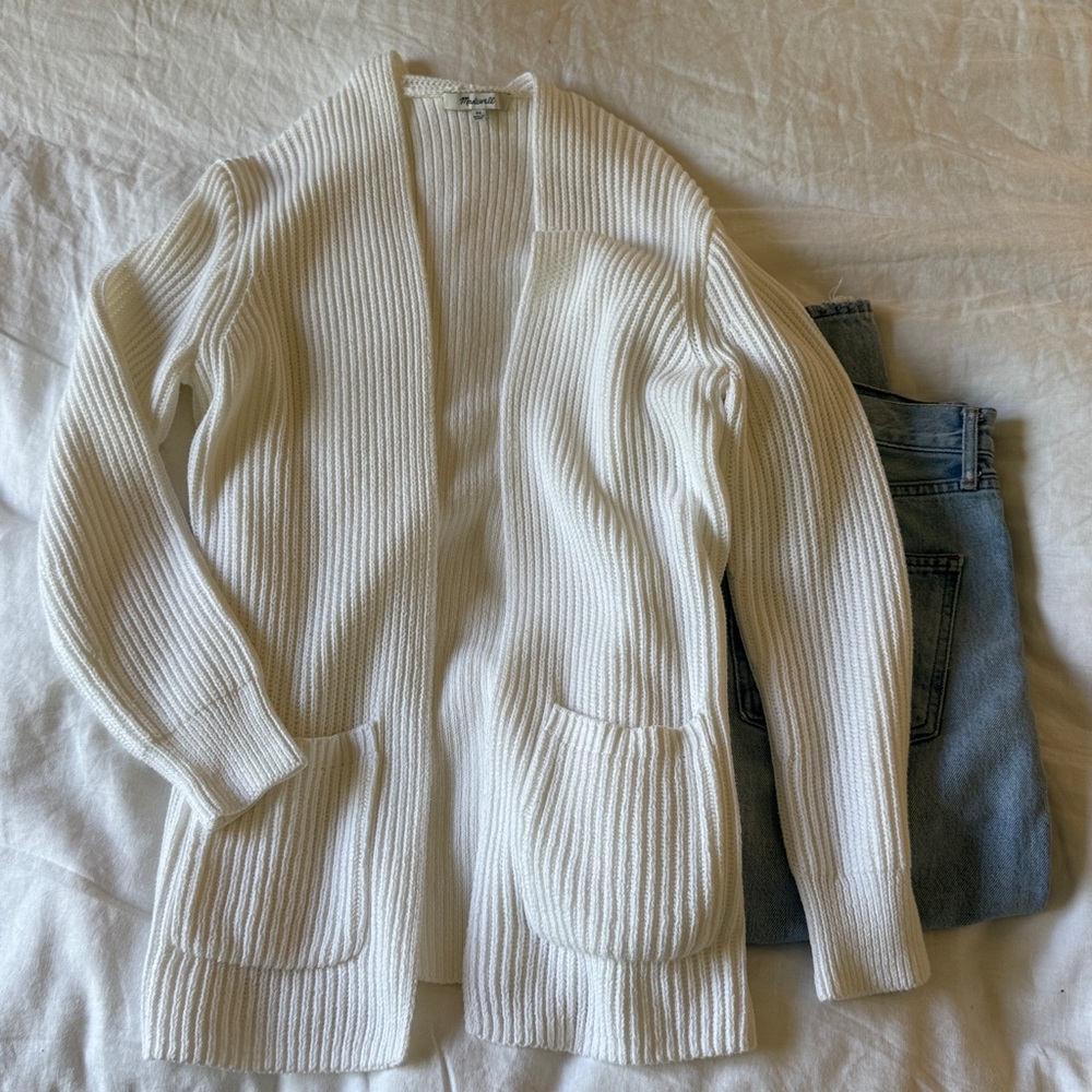 Madewell White Long 100% Cotton Open-Front Cardigan